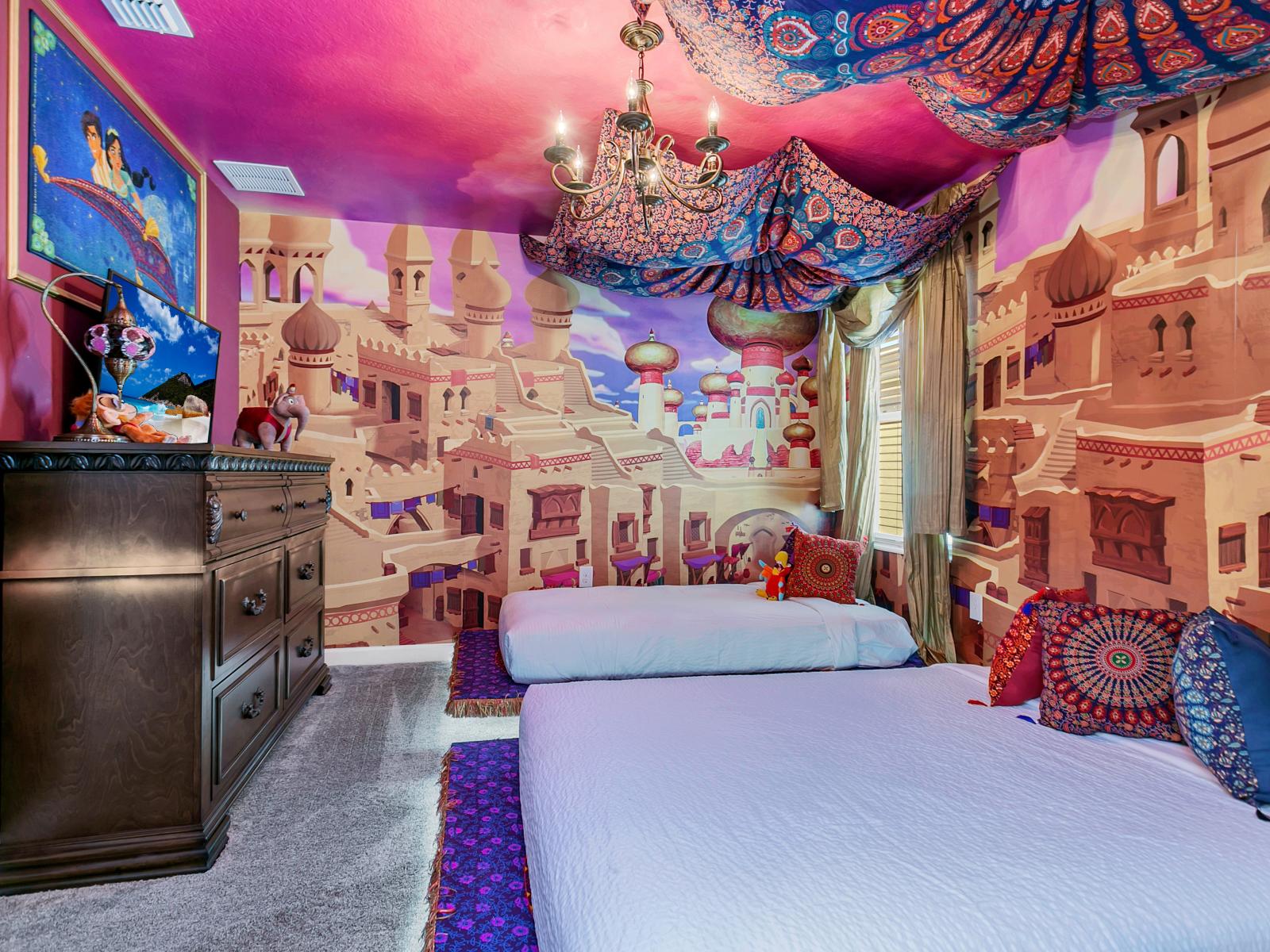 Aladdin themed bedroom of the home in Kissimmee Florida - Stylish magic carpet themed plush beds -  Tranquil bedroom retreat for restful nights - Wanna got the ancient where blue genie grant three wishes