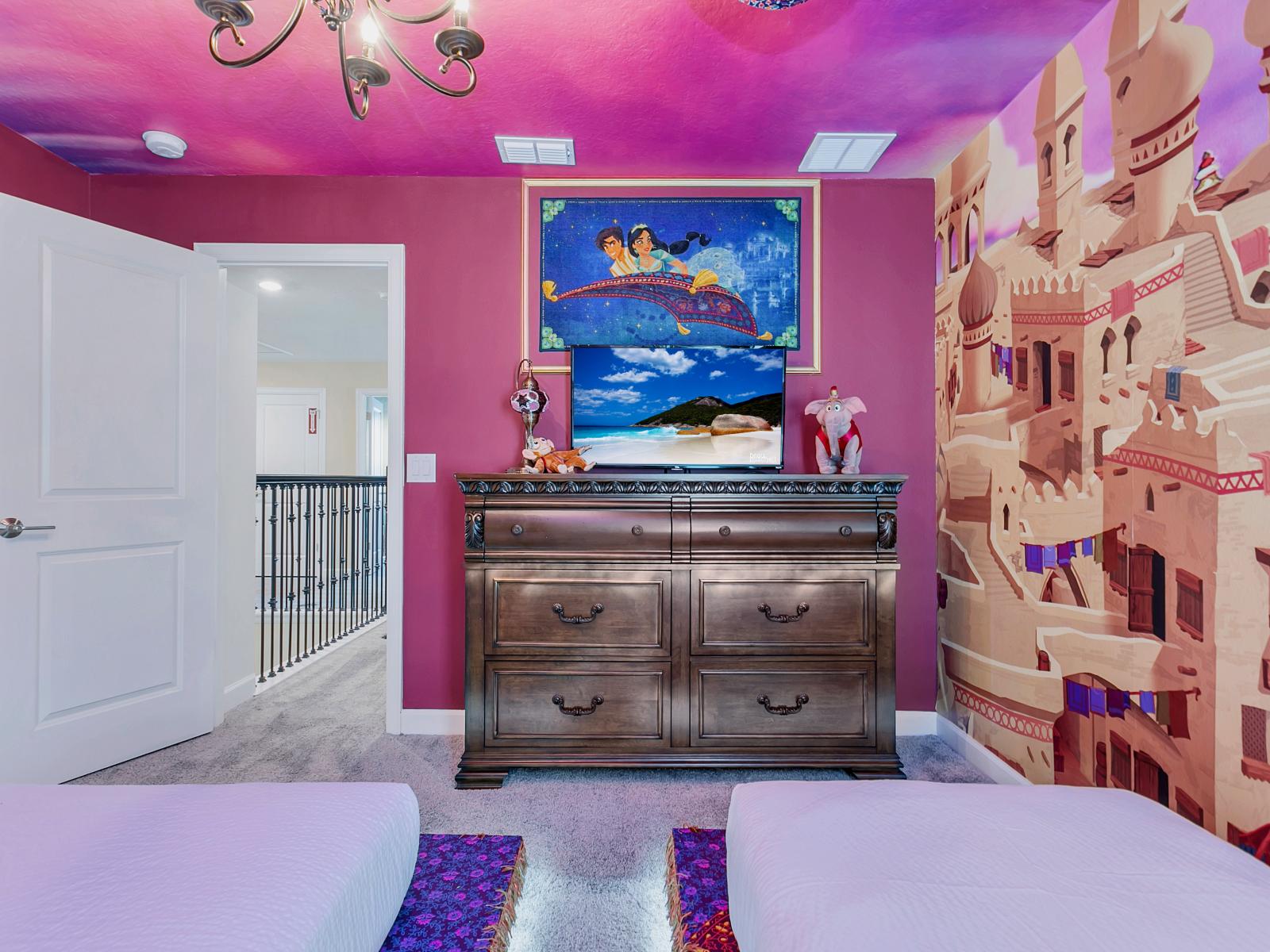 Embark on an Arabian Adventure: Transport Yourself to the Fabled Lands of Aladdin and Jasmine with the Enchanting Aladdin-Themed Bedroom, Where Magic Carpets and Mystical Tales Await Around Every Corner.