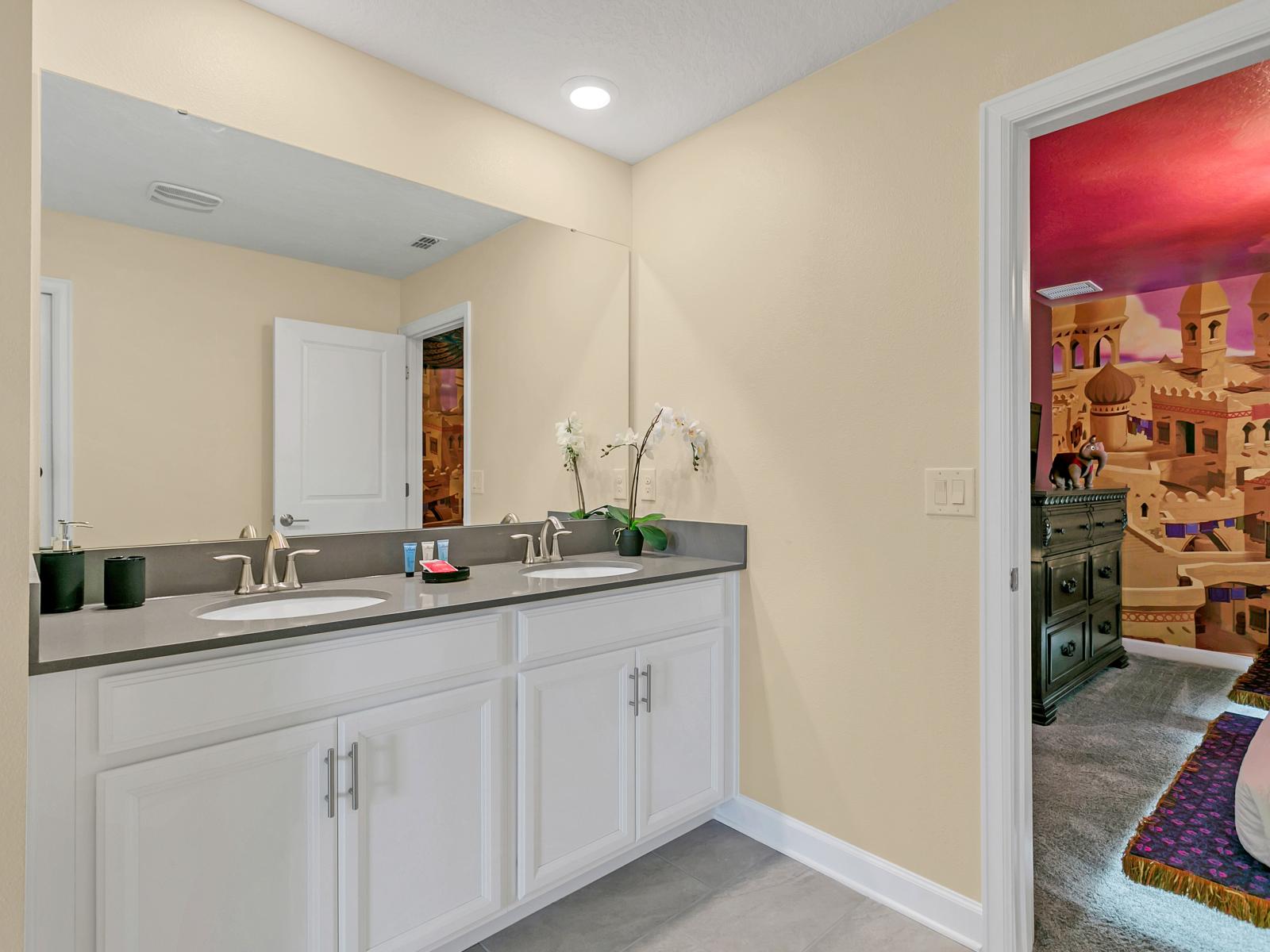 Step into sophistication in our elegant bathroom, featuring marble accents, stylish fixtures, and a spacious layout designed for your comfort and relaxation.