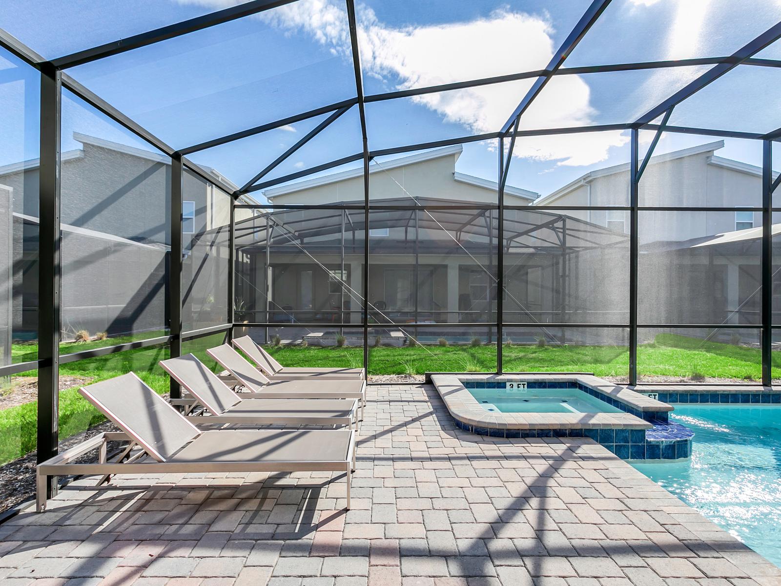 Replenish yourself in your private pool or appreciate the extensive outdoor patio space, ideal for entertaining, complete with a private splash pool and sun lounger.