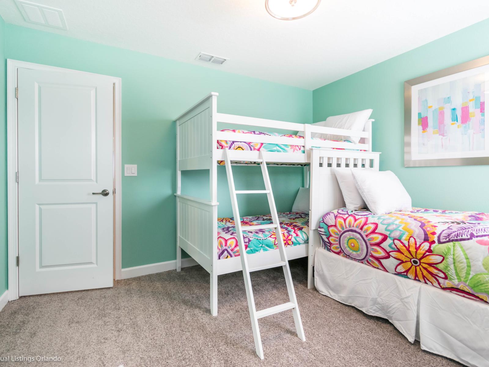 Perfect for families: Enjoy our stylish bedroom with a bunk bed, single bed, and Smart TV complete with Netflix.