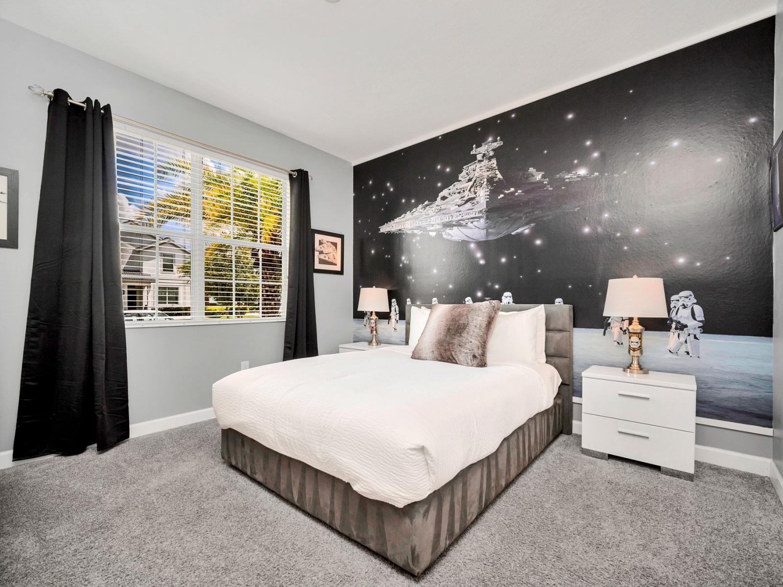 Star Wars themed bedroom of the home in Kissimmee Florida - Modern and stylish decor that complements the space - Plush double bed for restful nights - Inviting atmosphere designed for a restorative sleep