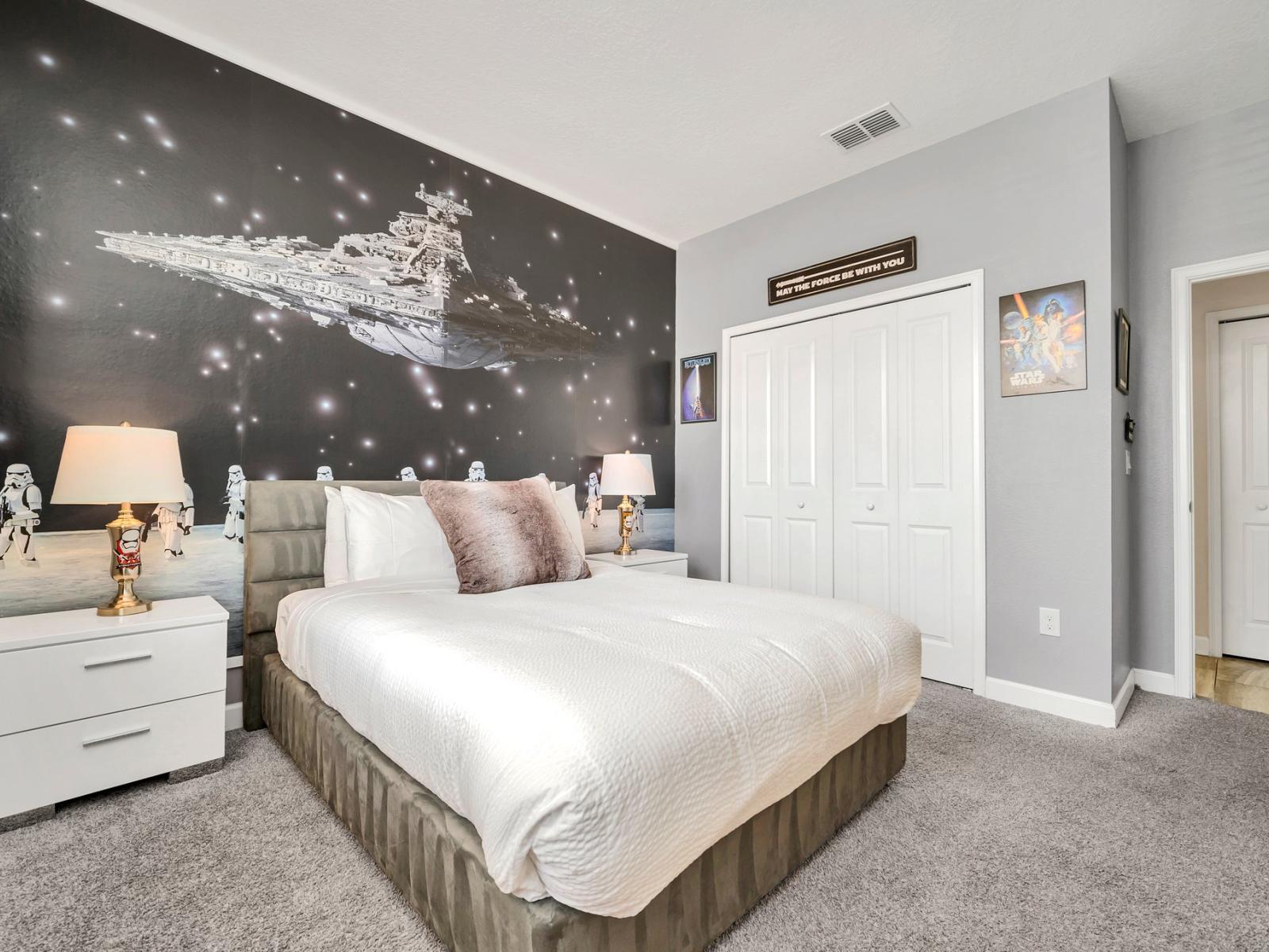 Immerse Yourself in the Galaxy: Step into our Star Wars Themed Bedroom, where every detail transports you to a universe far, far away. May the Force be with you as you sleep under the watchful eyes of your favorite characters.