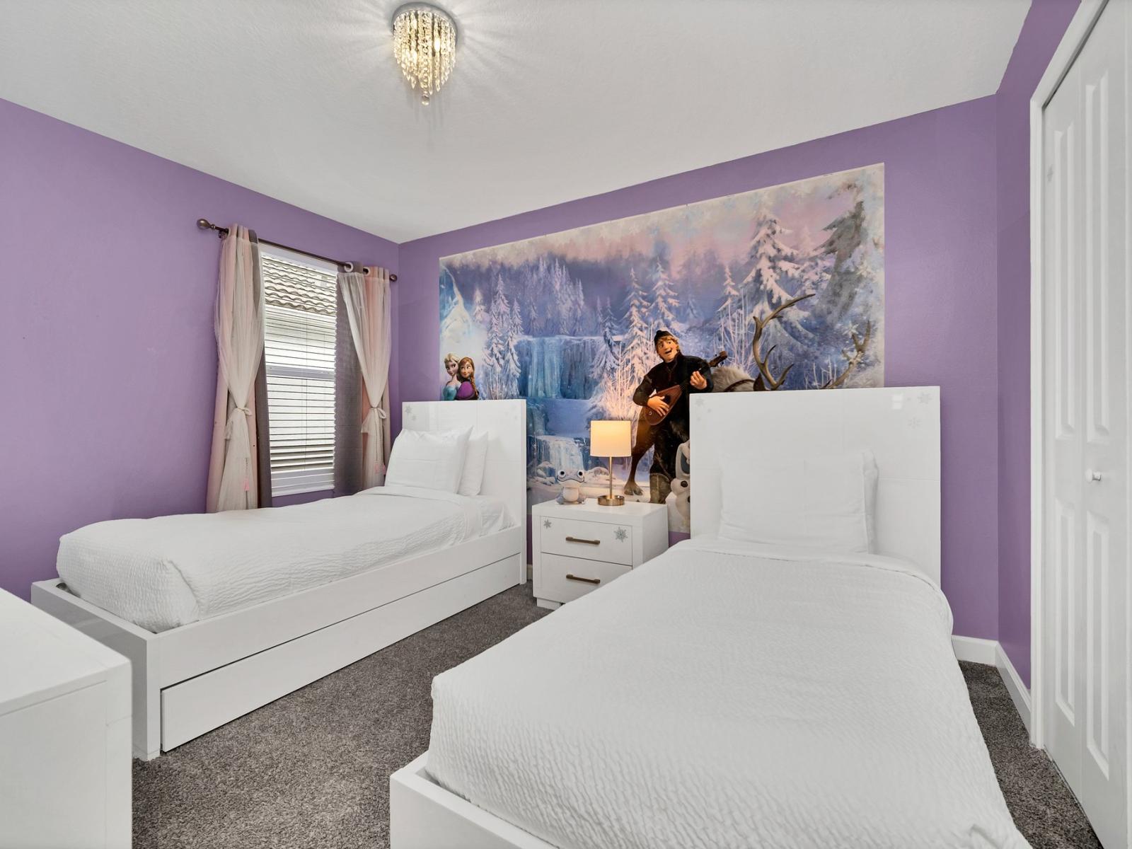 Frozen themed bedroom of the home in Kissimmee Florida - Featuring two single beds - Thoughtfully designed for comfort and style - Plush bedding and pillows for a luxurious feel