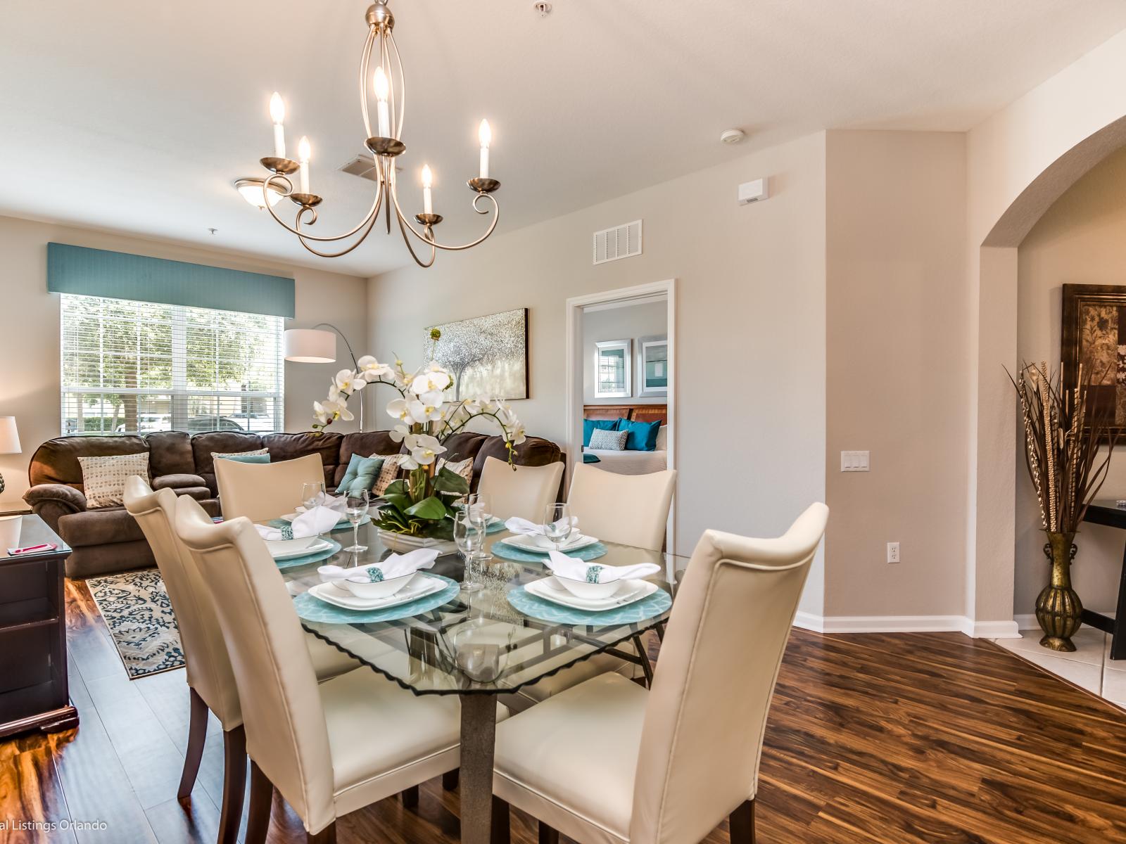 Elegant Dining Area: Adjacent to the living space, indulge in comfortable dining at the six-seater table, offering an elegant ambiance for enjoyable meals.