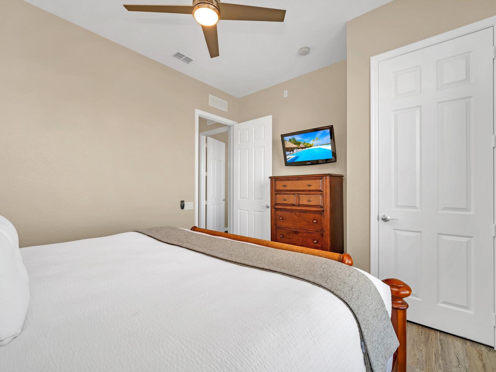 This bedroom comes complete with a smart TV, offering a haven for relaxation and entertainment. A sanctuary where you can unwind and enjoy your favorite shows and movies in the comfort of your own space.