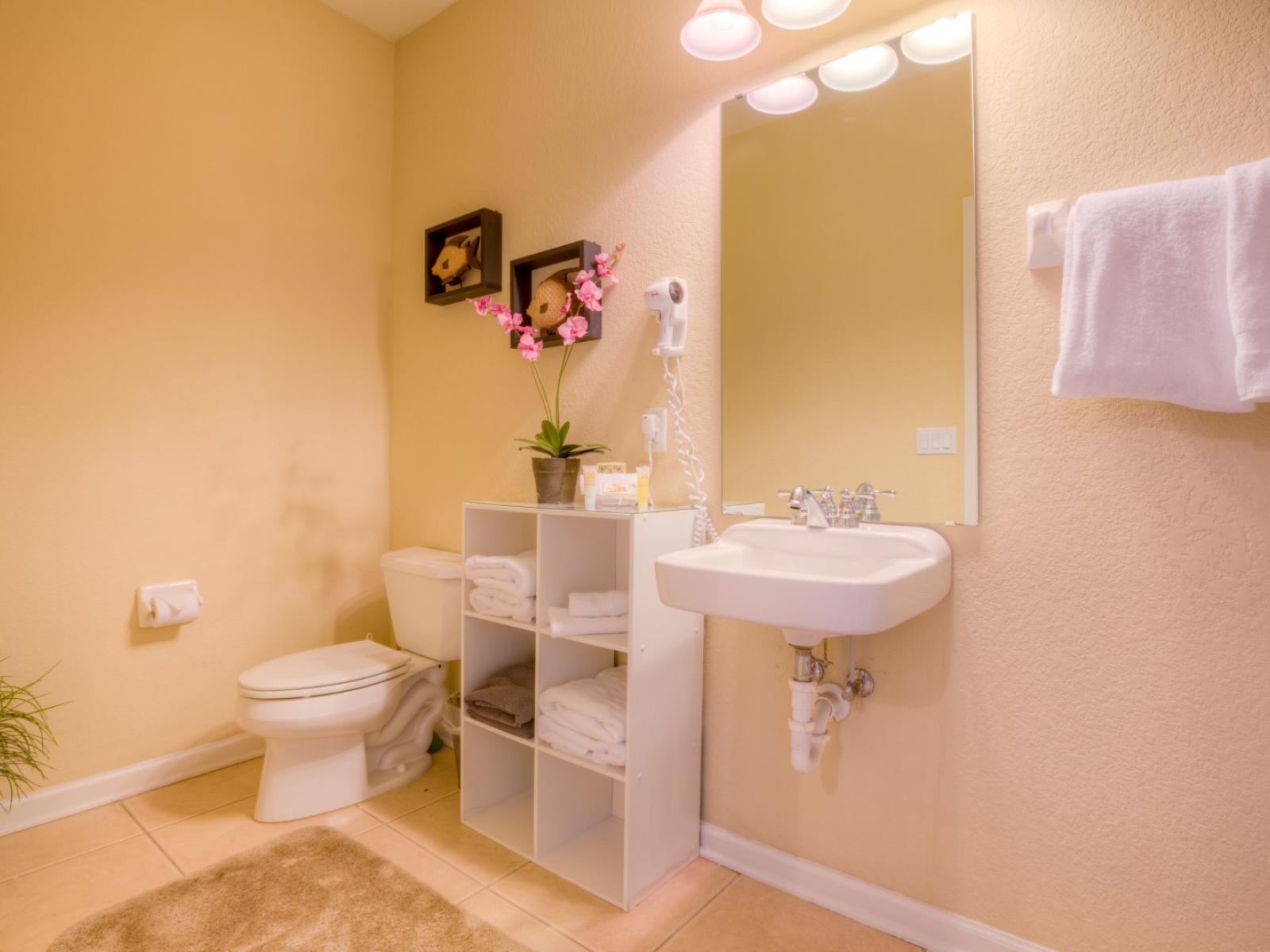 Glorious bathroom of the townhouse in Orlando - Neat and clean toilet seat -  Wall embossed sink with wall mirror and wall lamp - Marvelous decor for the refreshing ambiance - Neat and fresh towels with all bathroom accessories available