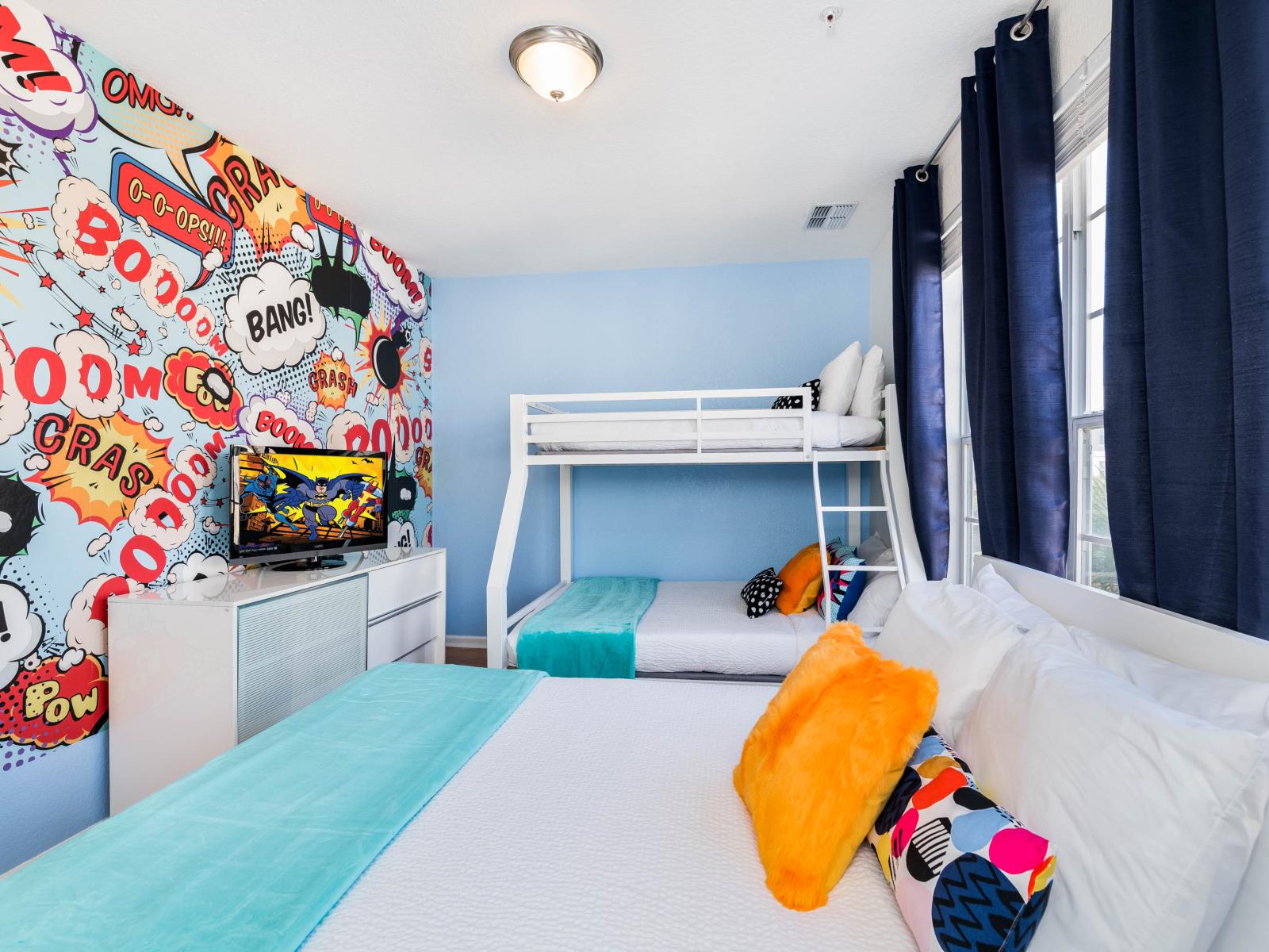 Spark your child's imagination with our vibrant kids' bedroom featuring a captivating mural accent wall, where creativity knows no bounds and adventures come to life.