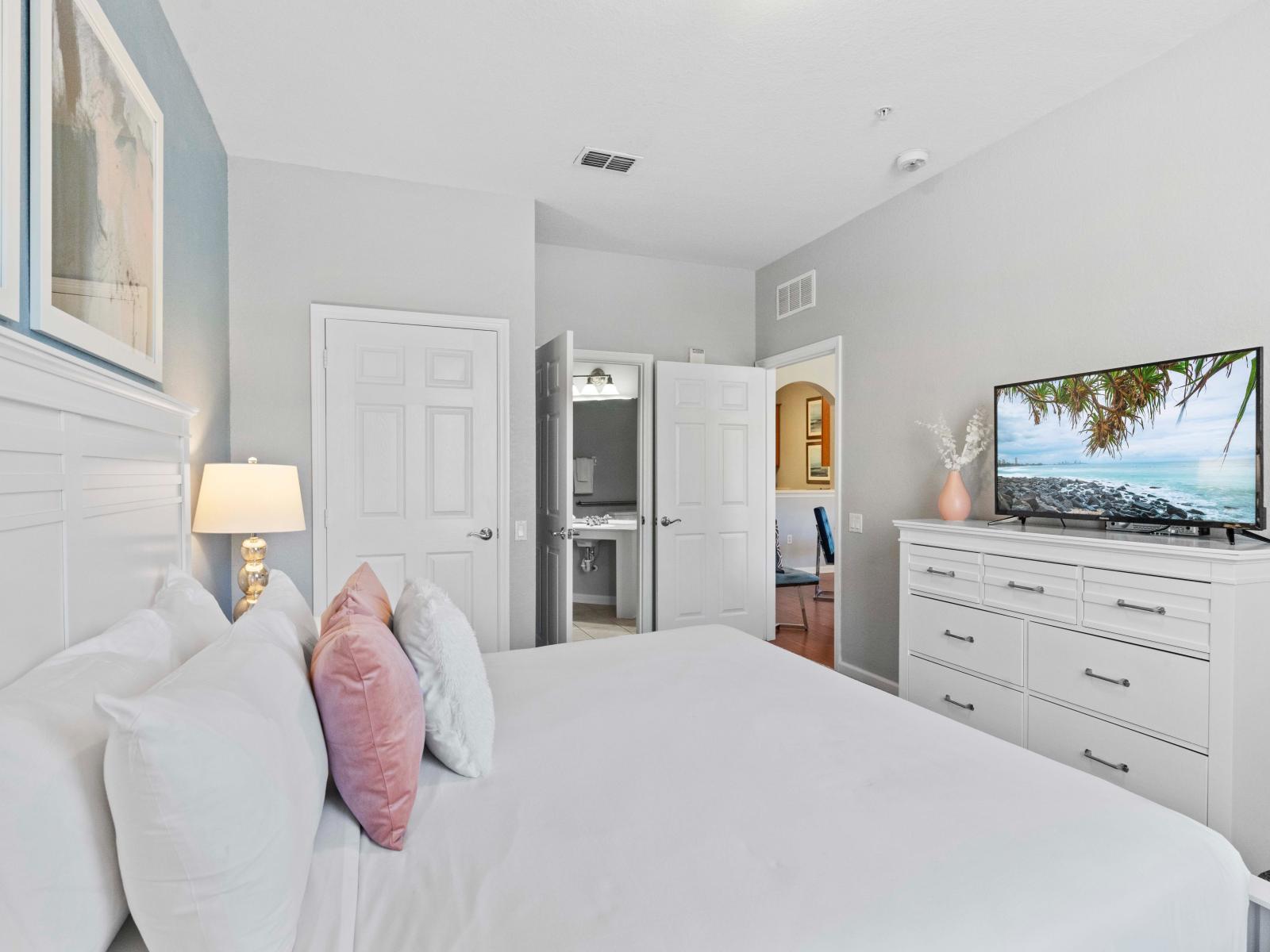 This bedroom exudes tranquility, offering a peaceful haven where rest and rejuvenation intertwine amidst elegant decor and soothing ambiance.