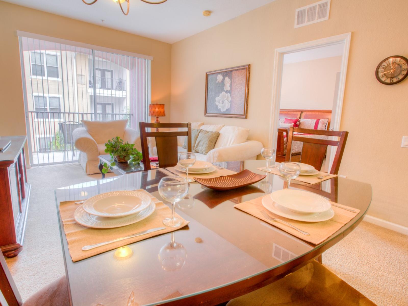 Refined Living and Dining Area of the Apartment in Orlando Florida -Gather, dine, and unwind - Welcoming embrace of  seamless fusion of dining and living space  - 4 Persons Dining