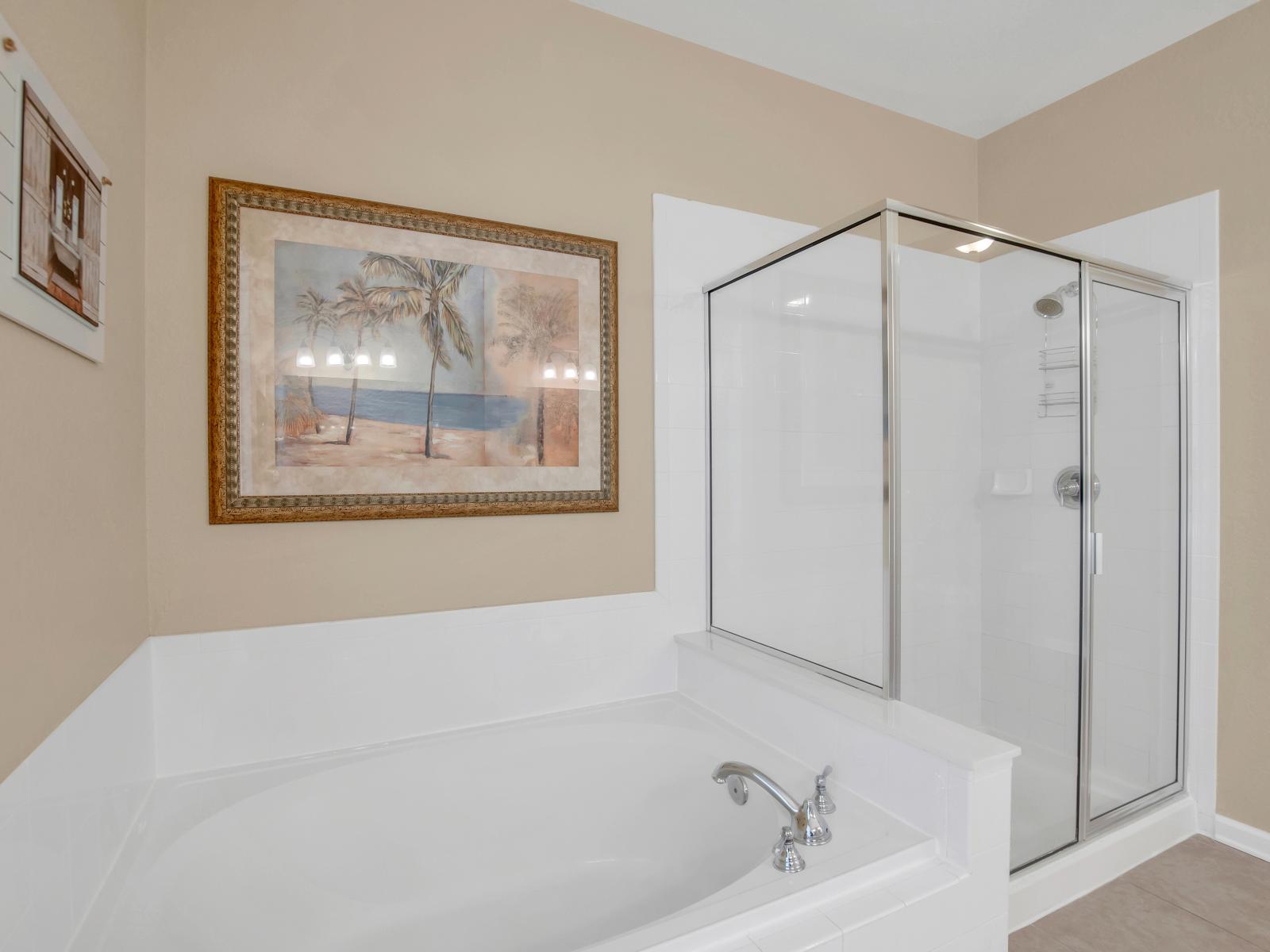 Step into our sleek bathroom featuring a stylish shower enclosure and bath tub. With its contemporary design and functional layout, it promises a refreshing start to your day, every day.