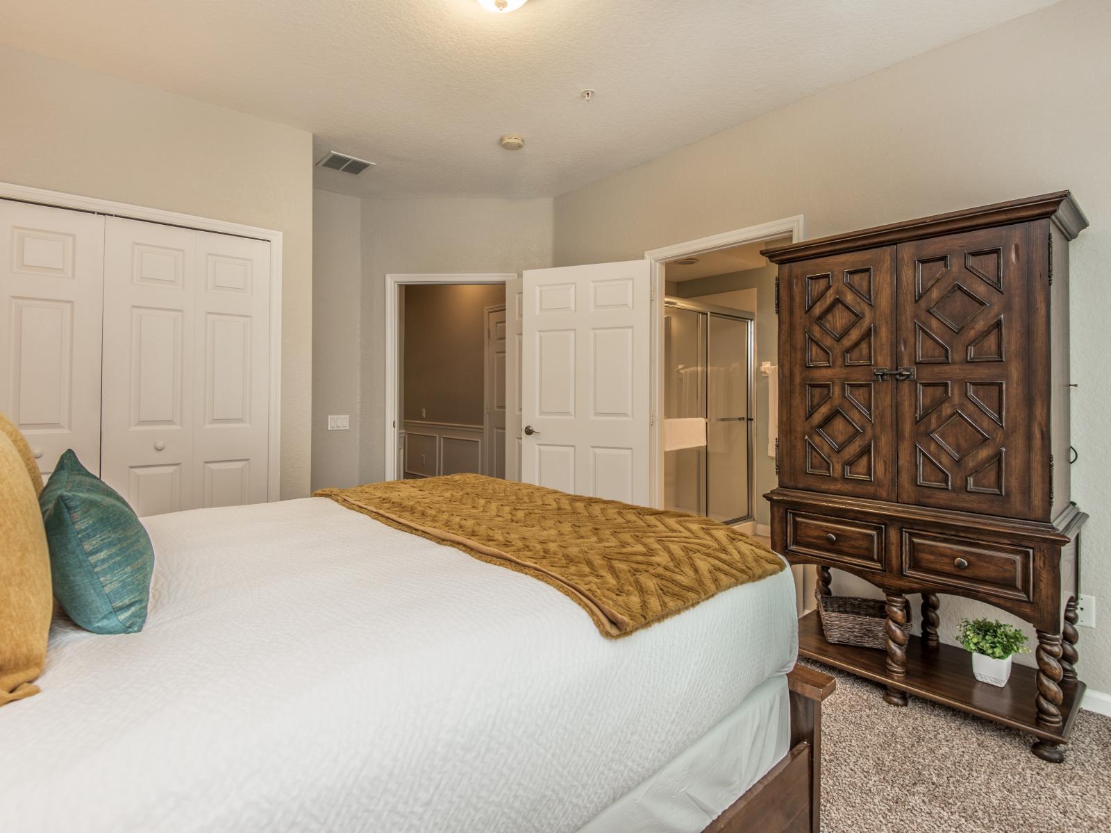 This bedroom exudes tranquility, offering a peaceful haven where rest and rejuvenation intertwine amidst elegant decor and soothing ambiance.