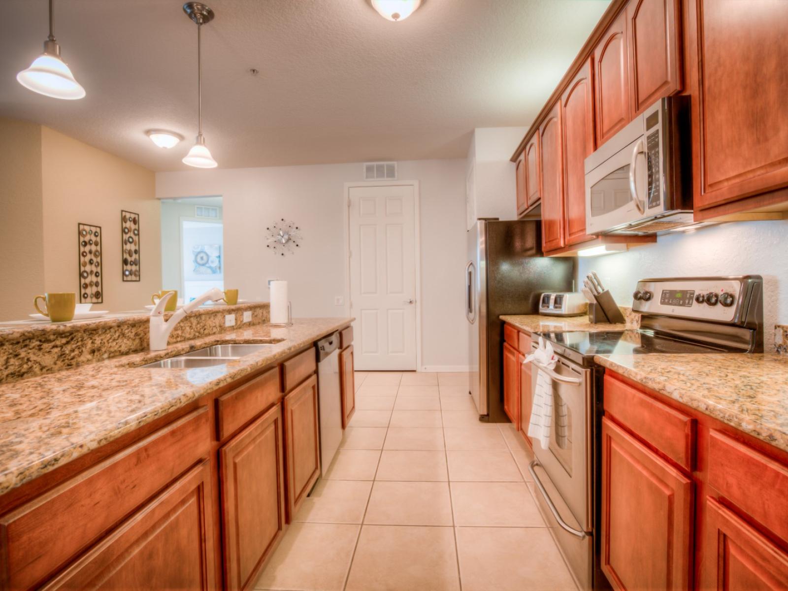 Experience the culinary heave of the condo in Orlando - Fully equipped with stainless steel appliances and all necessary accessories - Plenty of storage space - High chairs available at the well designed breakfast bar