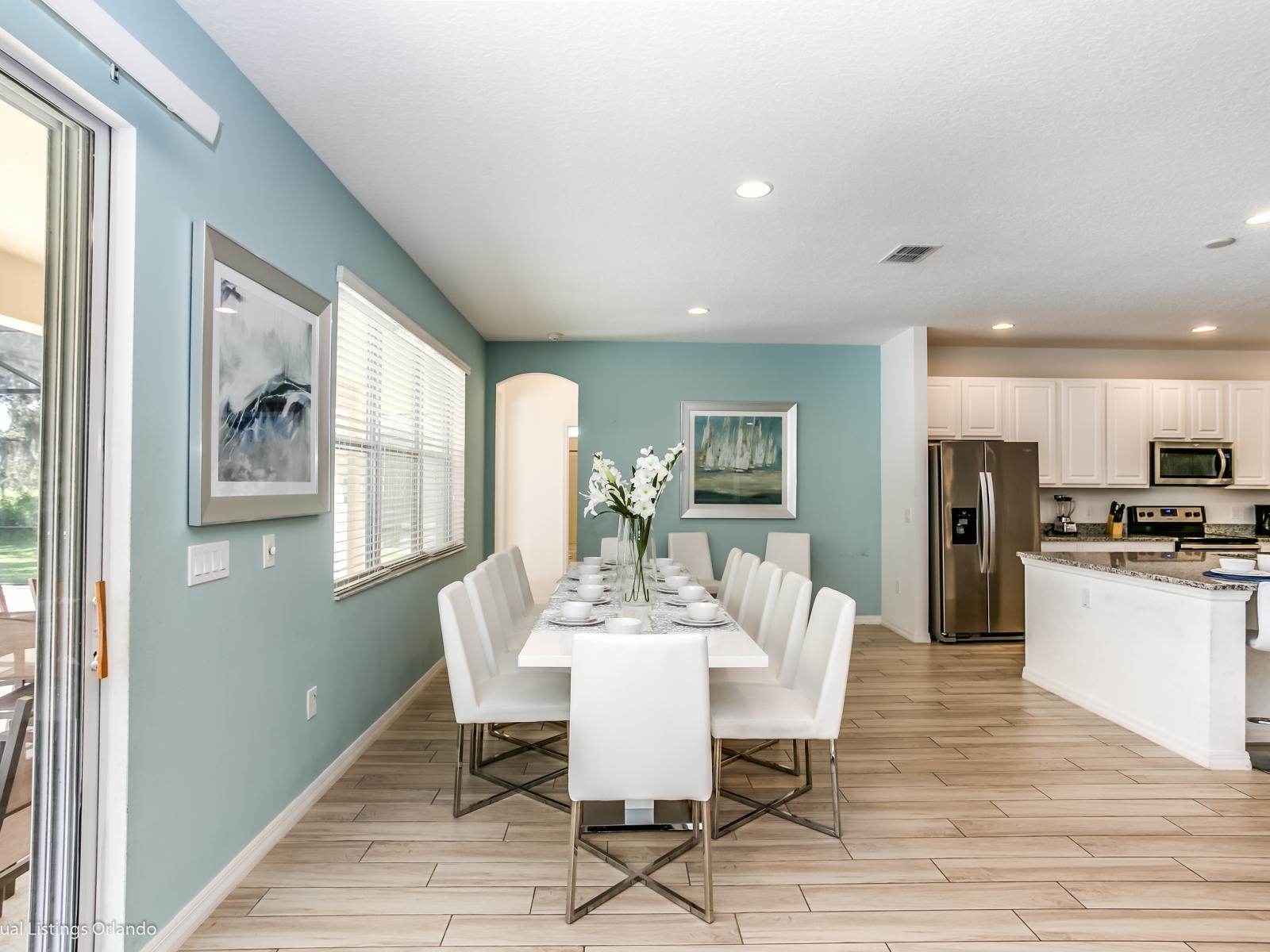 Beautiful Dining Area of the Villa in Florida - 12 Persons Dining - Chic dining area featuring a stylish table and contemporary seating - Artfully arranged table settings for a touch of elegance