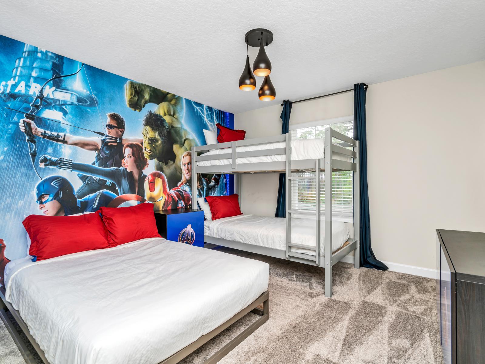 Avengers themed Bedroom of the Townhouse in Kissimmee Florida - Offers a bunk bed and 1 double bed - Luxurious bedding for a restful night's sleep - Smart TV and Netflix