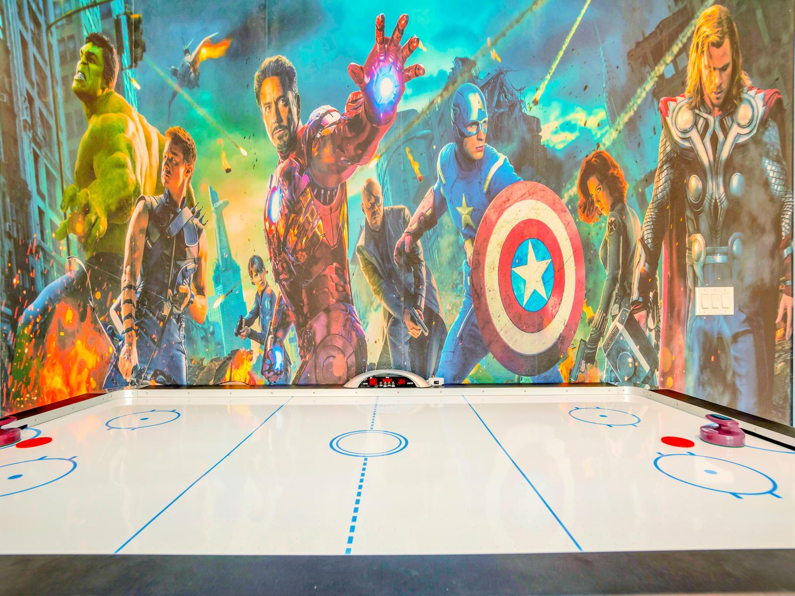 Marvel Themed Game Room of the Home in Reunion Florida - With vibrant decor, iconic characters, and thrilling games - A captivating space  - Immerse in the magic of their favorite Marvel heroes