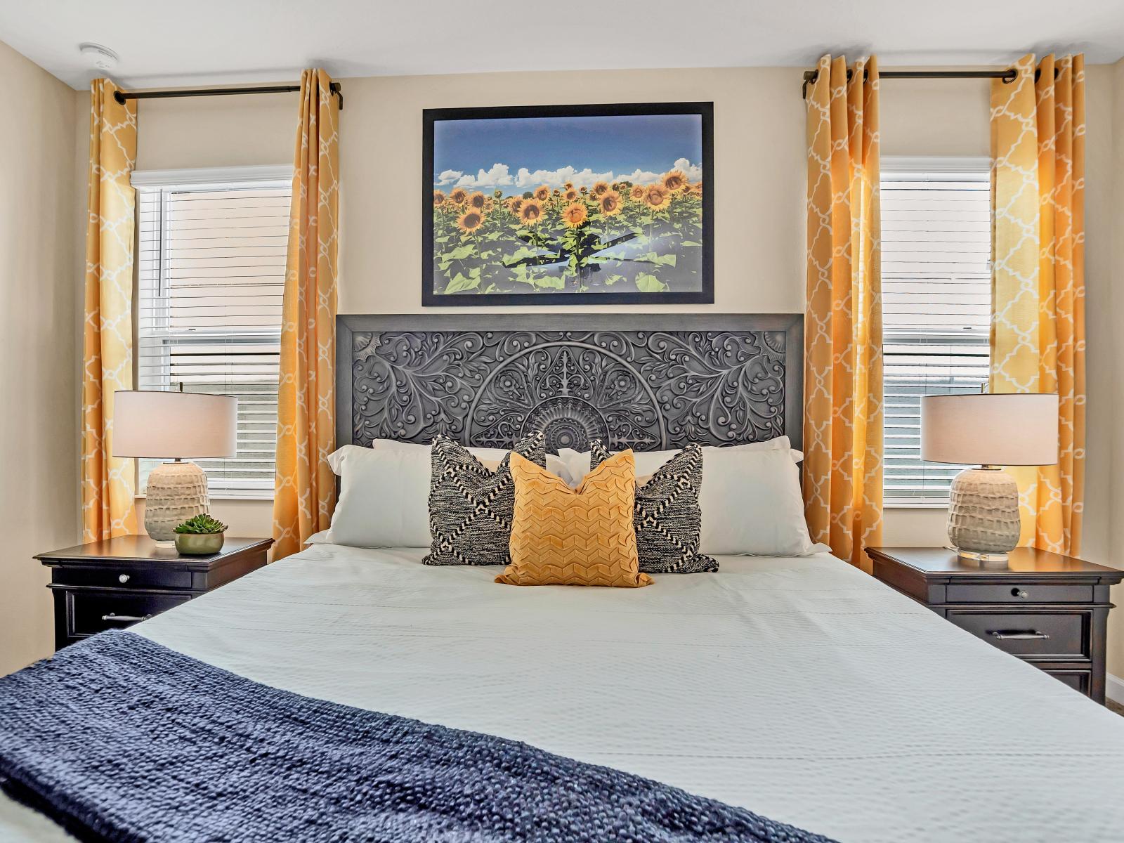 Charming Bedroom of the Home in Reunion Florida - This bedroom embodies plush furnishings, and a tranquil ambiance - Retreat designed to elevate your stay and create unforgettable experience - Cozy retreat with a plush bed, perfect for relaxation