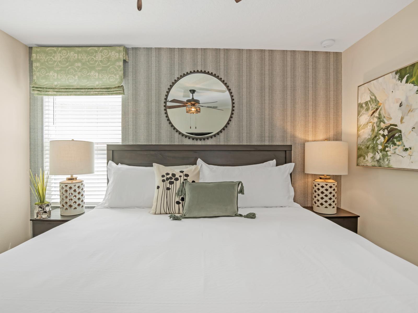 The elegant bedroom  is adorned with exquisite decor, offering guests a luxurious retreat.