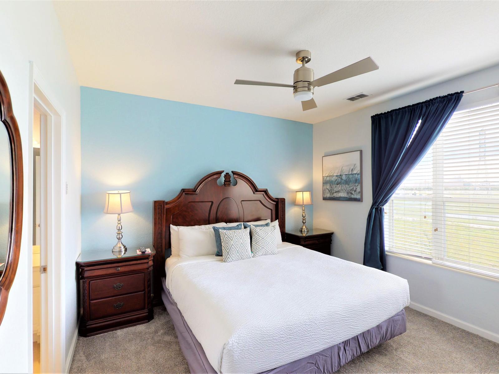 Experience the epitome of comfort and style in the outstanding bedroom of our Orlando, Florida apartment. Featuring a king-size comfy bed, this spacious retreat is thoughtfully designed with functional and stylish furniture.