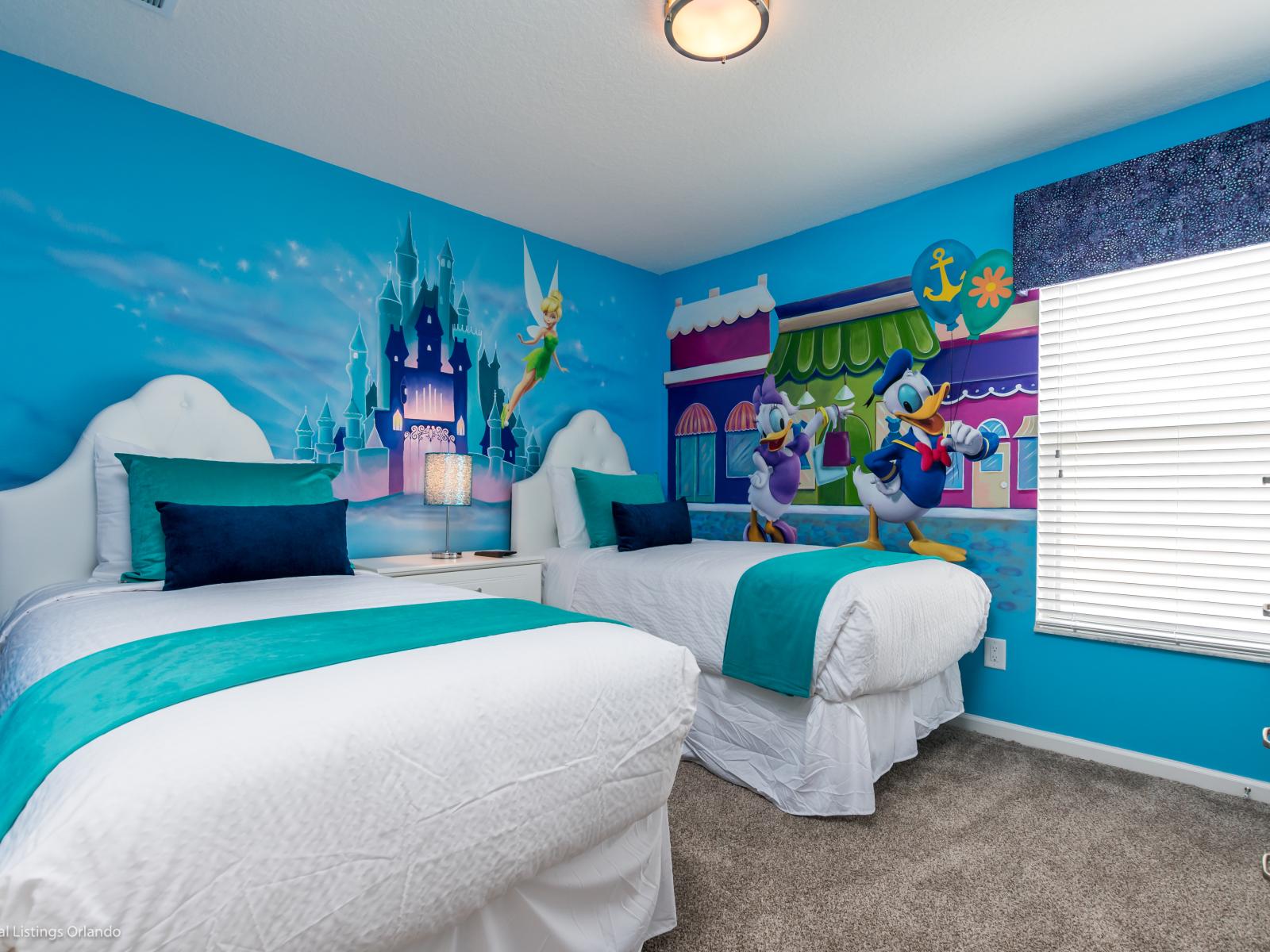 Experience the magic of Disney with our themed room, complete with two cozy single beds. - Stunning wardrobe with sufficient space - Enjoy the Availability of Smart Tv and Netflix - Indulge in mesmerizing views from the windows of the room