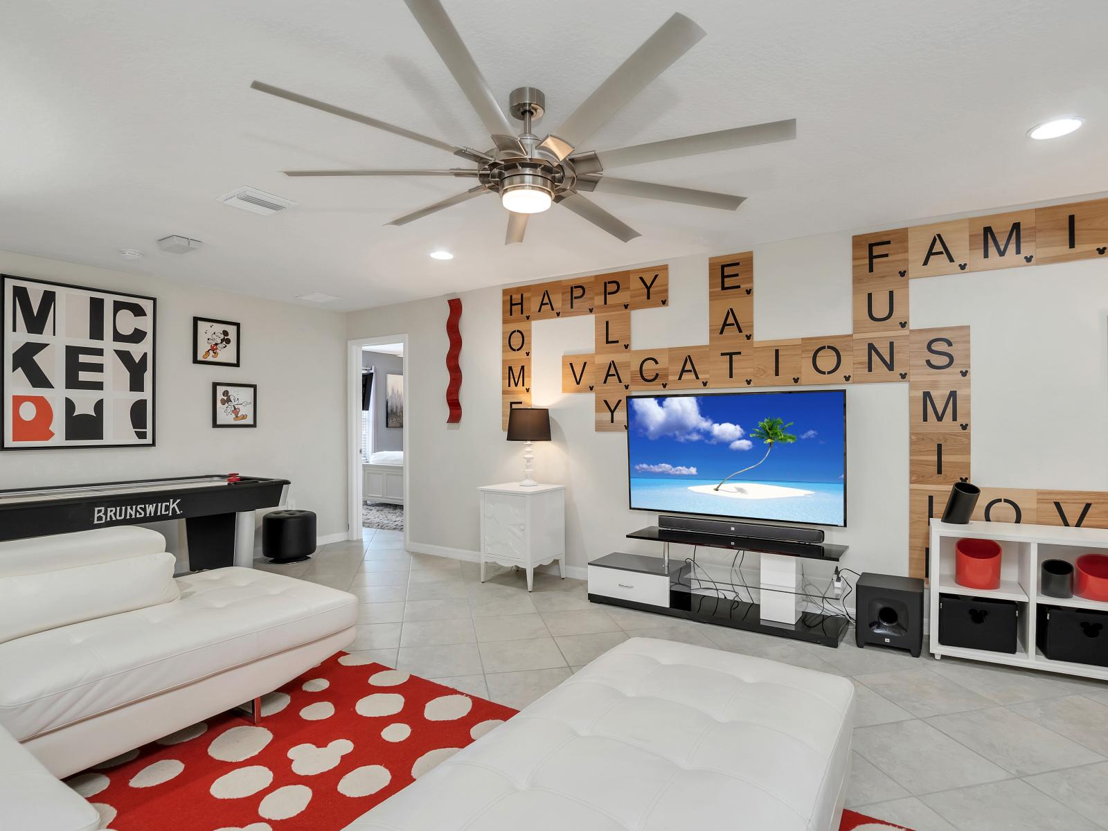 Loft with sitting space and air hockey game