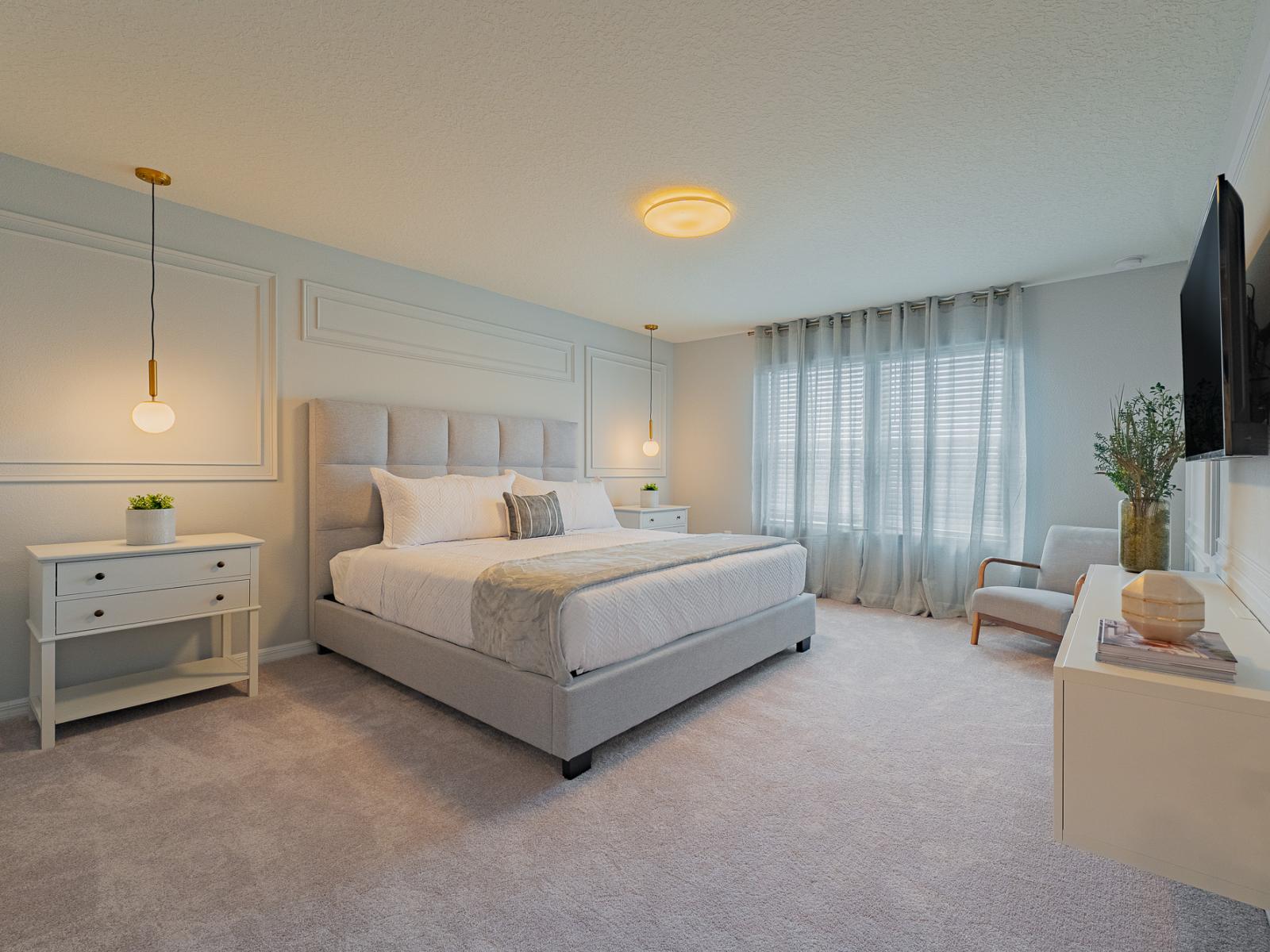 Stunning bedroom of the home in Davenport, Florida - Tranquil haven fusing minimalism and comfort, offering comfy double bed - Sunlit and spacious bedroom featuring generous windows for a natural glow - Smart TV with Netflix for entertainment