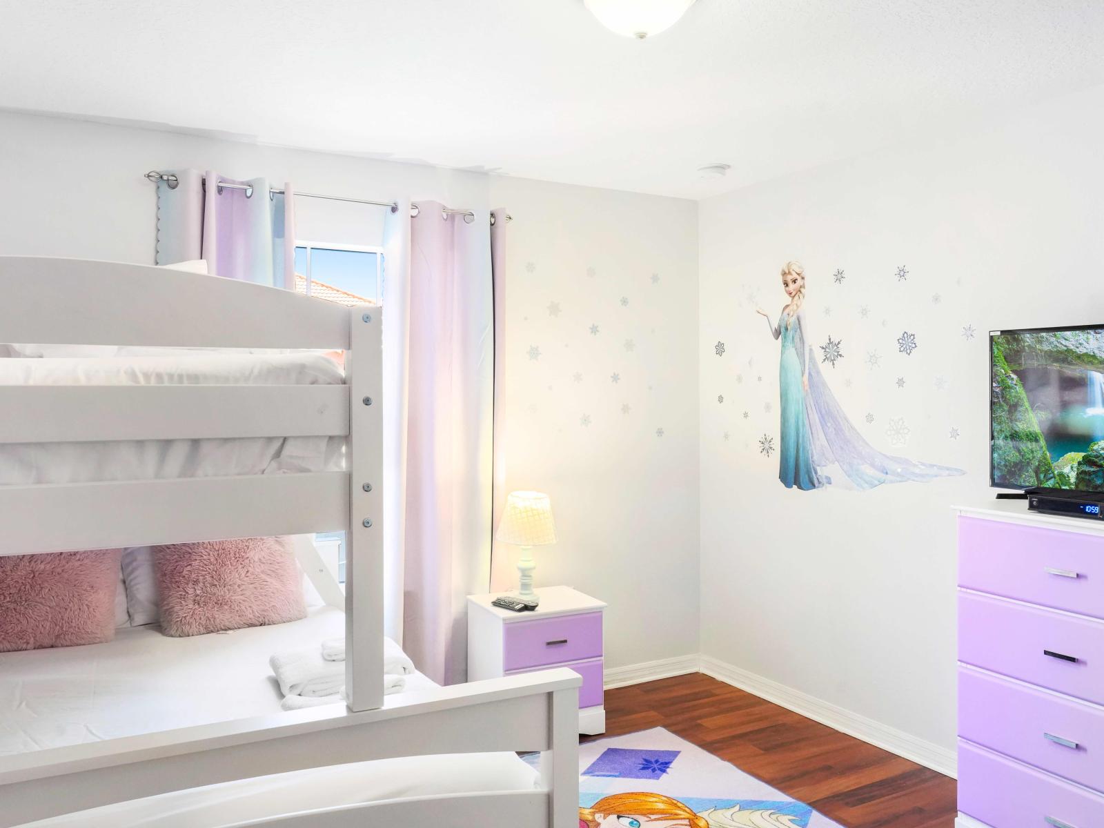 Ice Queen Comfort: Embrace the charm of our Frozen-themed double deck bedroom, a cozy haven inspired by the beloved characters and landscapes from the movie.