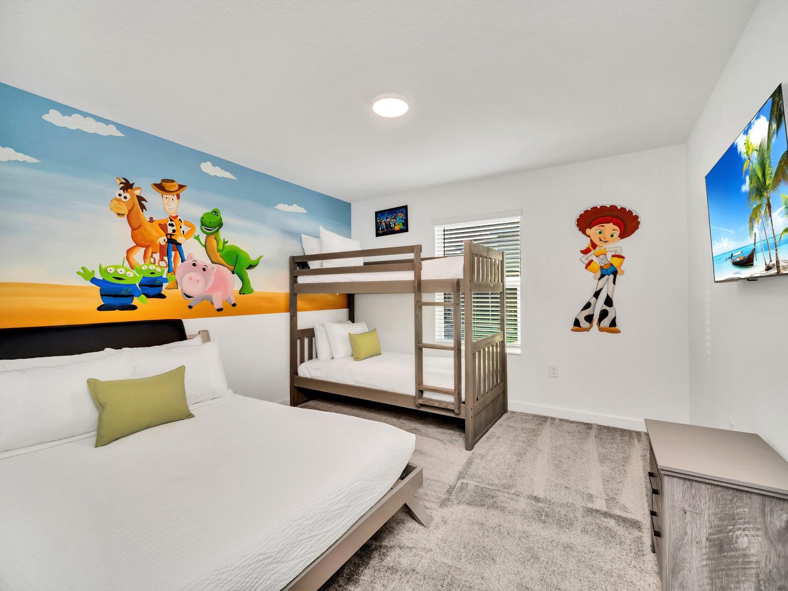 The kid's bedroom  is a playful haven designed to spark imagination and joy. With vibrant colors, whimsical decor, and cozy furnishings, it offers a delightful space where young guests can create memories and embark on fun adventures.