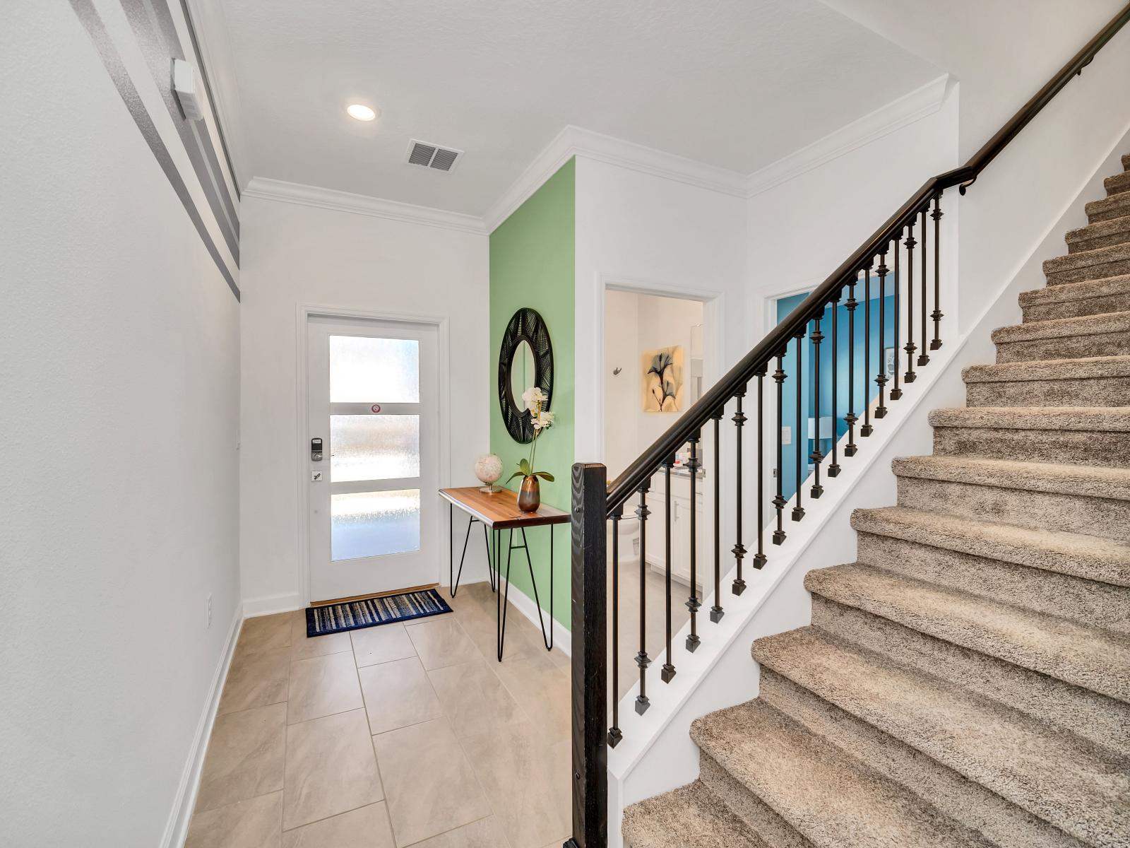 The stairway  makes a grand statement with its elegant design and inviting allure. Whether ascending to upper levels or descending to ground floors, guests are greeted by its graceful presence, adding to the overall charm and sophistication .