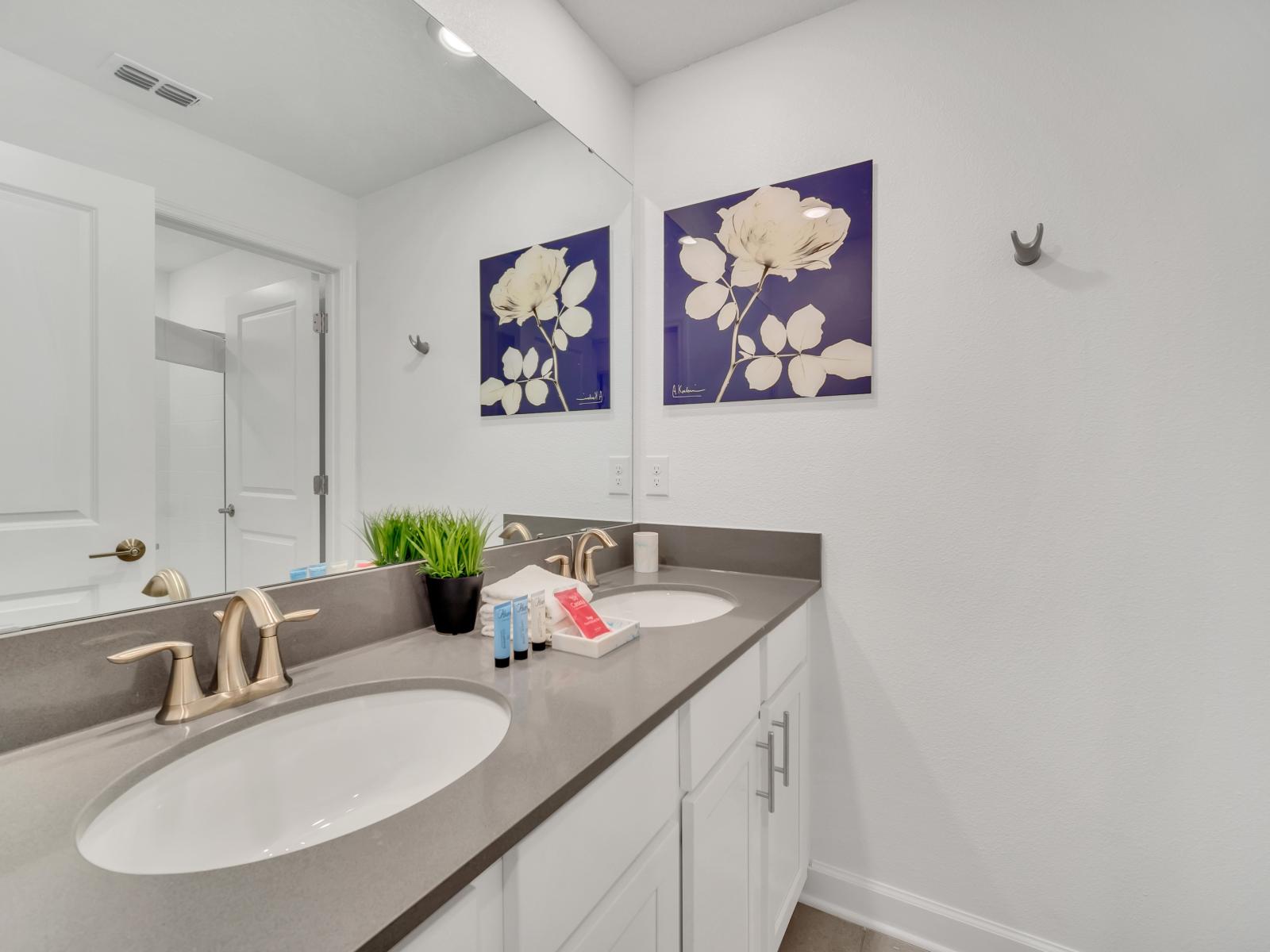 The vanity area provides guests with a convenient spot to freshen up and prepare for the day ahead. Stocked with basic toiletries and it offers a hassle-free experience.