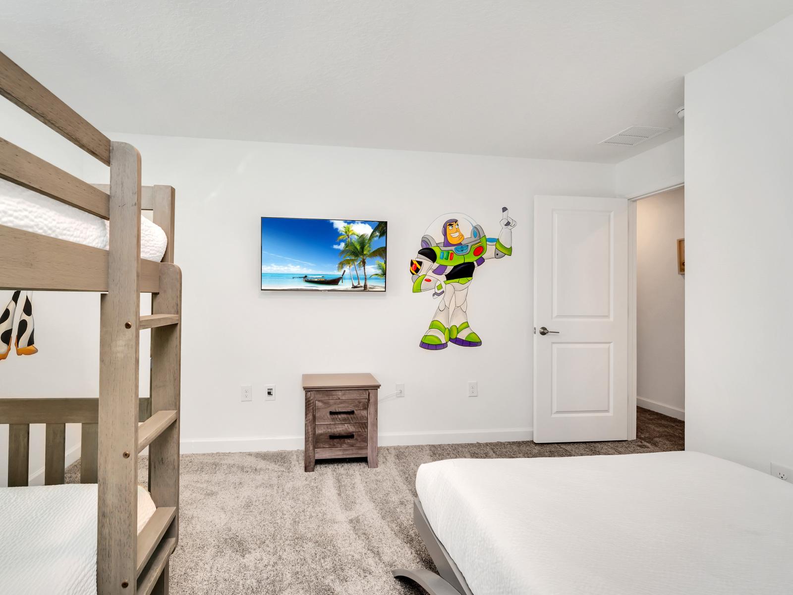 The kids bedroom has a playful design, sturdy double deck beds, and vibrant decor, it offers a fun and comfortable space where kids can relax and enjoy their own special corner within the resort.