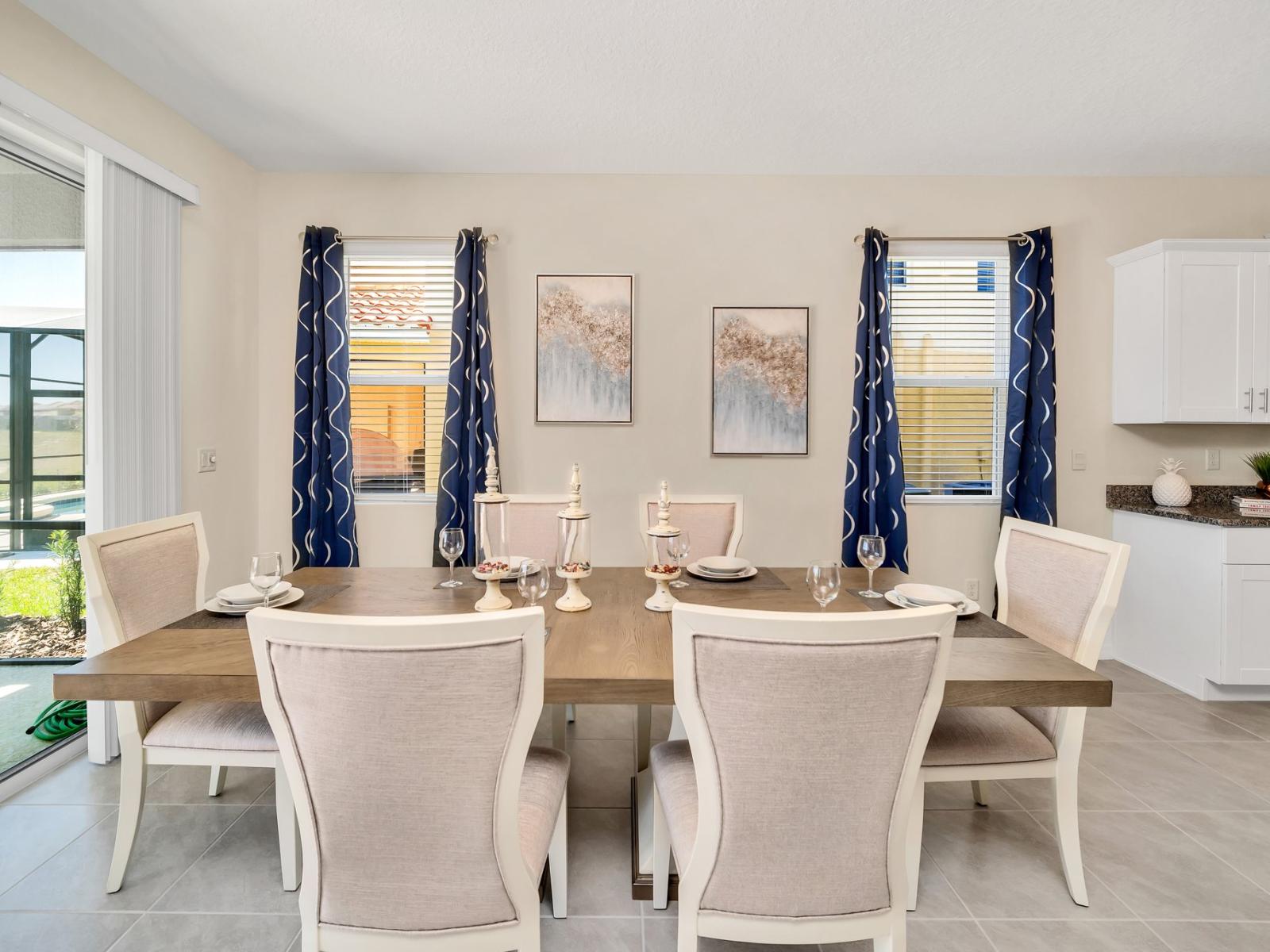 The dining area is beautiful and suited for more formal gatherings where you can enjoy some home cooked delights while catching up on the day’s events.