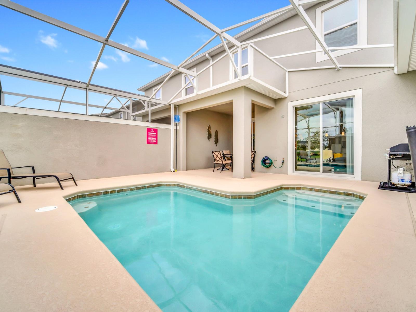 When you’re ready to cool down, take a midday dip in your resort-style pool, equipped with a built-in spa.