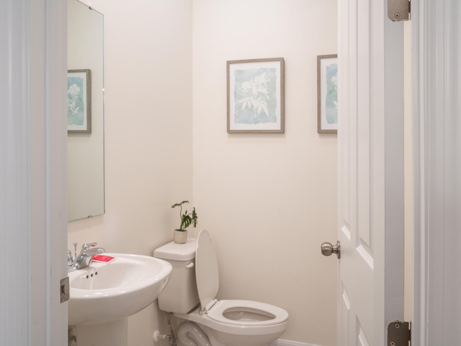 Half bathroom for convenience, neat and clean toilet seat