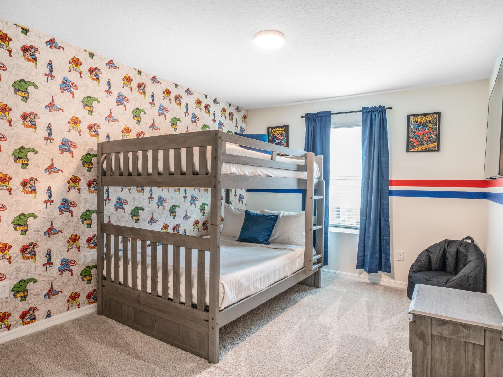 This cute and nice third bedroom features a double-size bunk bed which can accommodate multiple sleepers. It can be an exciting and fun experience for your children to sleep in bunk beds together.