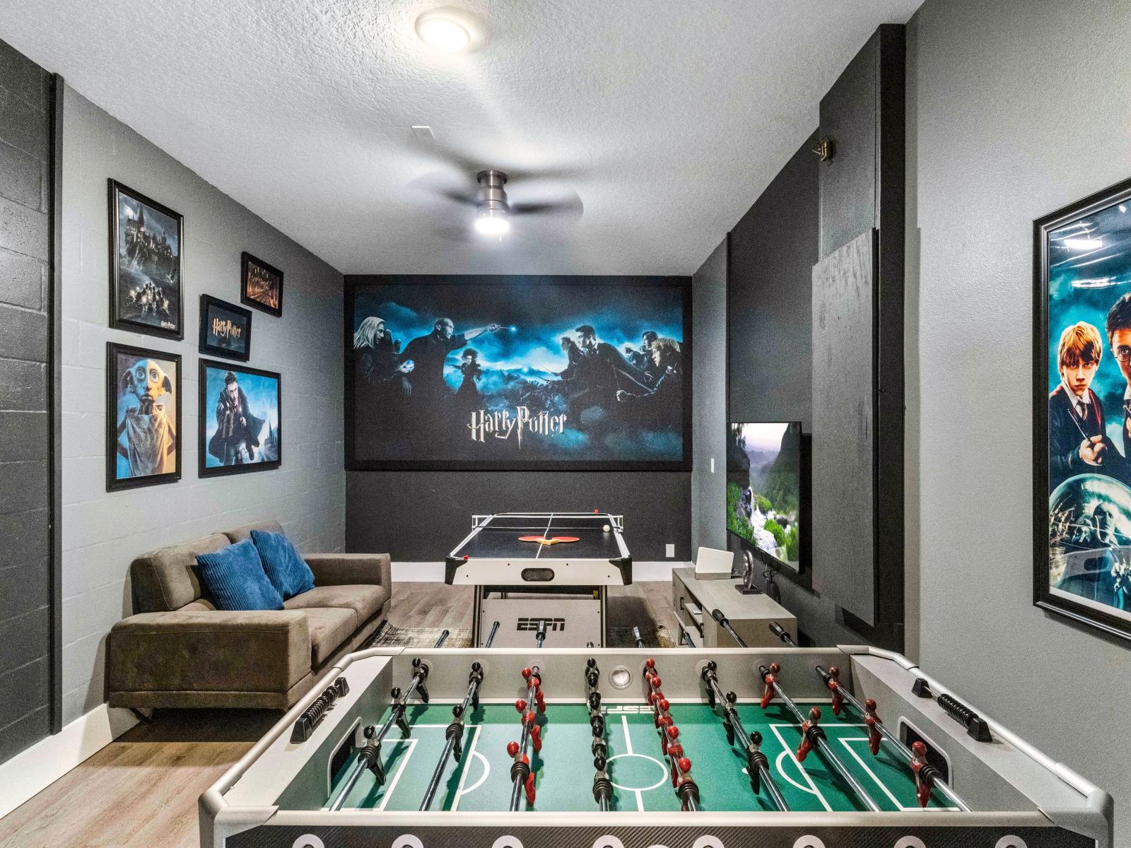 Harry Potter themed game room of the Home in Davenport Florida - Fun and relaxing game room that will surely give you a fantastic stay - Have fun with foosball table or paly table tennis - Smart TV and Netflix