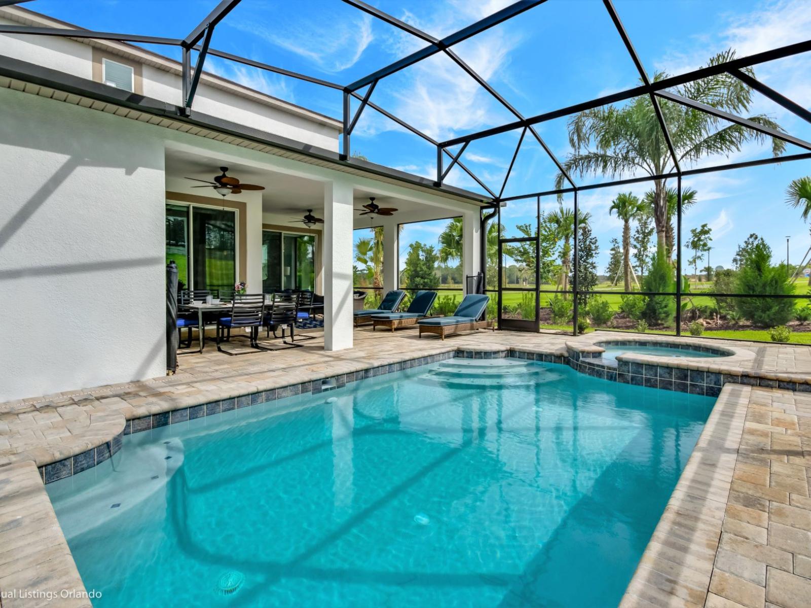 Enjoy Your Own Private Pool and Patio Retreat, Perfect for Unwinding and Soaking Up the Sun.