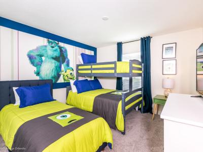 Bedroom 4: themed kids rooms with single over double bunk bed and double bed.